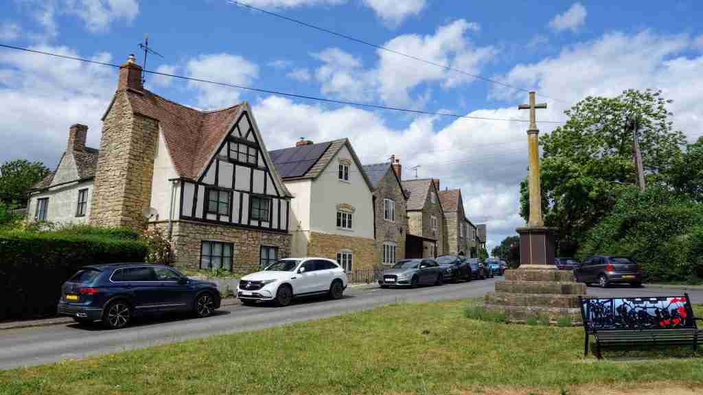 Church Road, Leonard Stanley, lined with historic cottages near St Swithun’s Church. Church Road in Leonard Stanley with cottages, near St Swithun’s Church