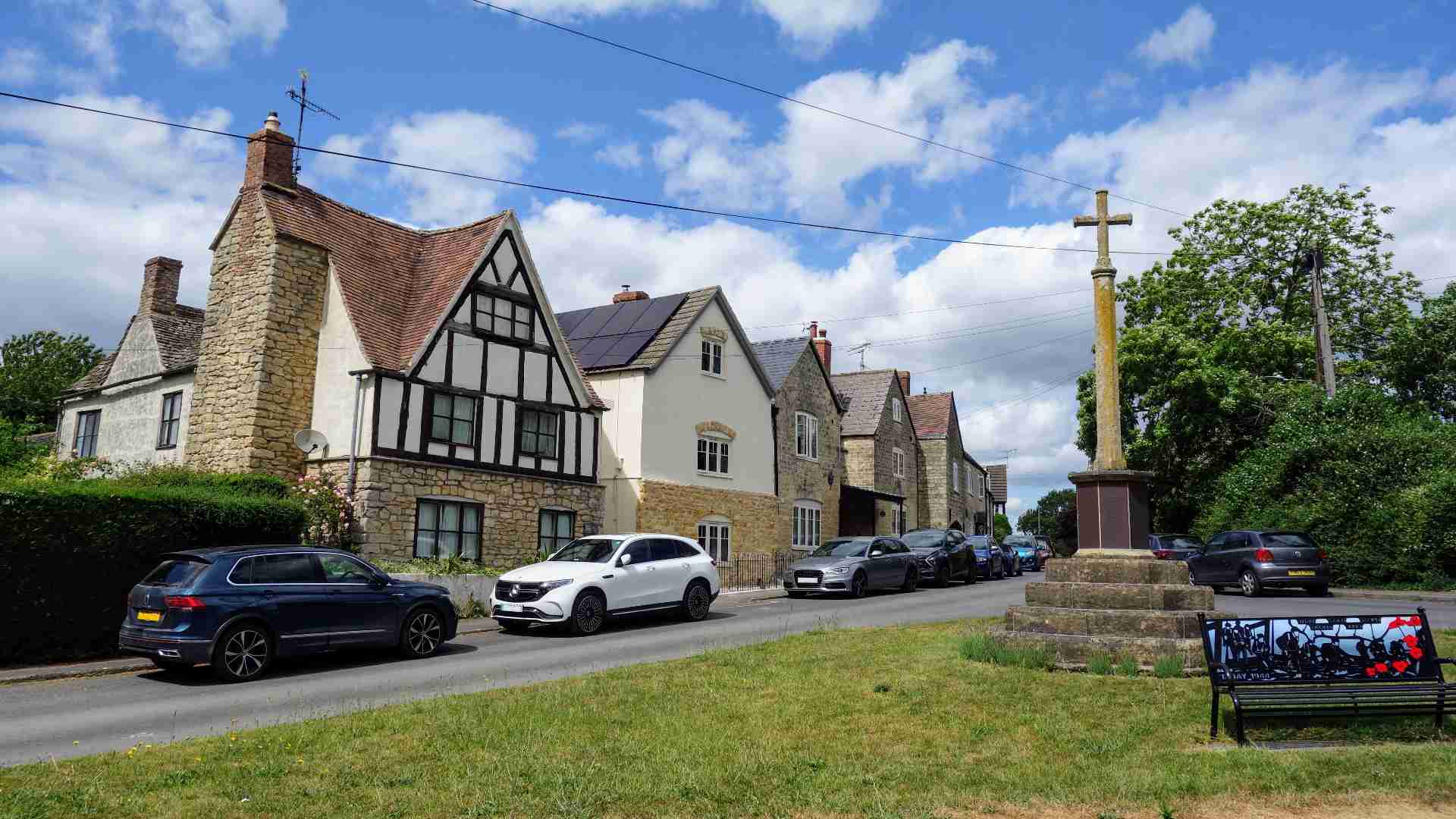 Church Road, Leonard Stanley, lined with historic cottages near St Swithun’s Church. Church Road in Leonard Stanley with cottages, near St Swithun’s Church