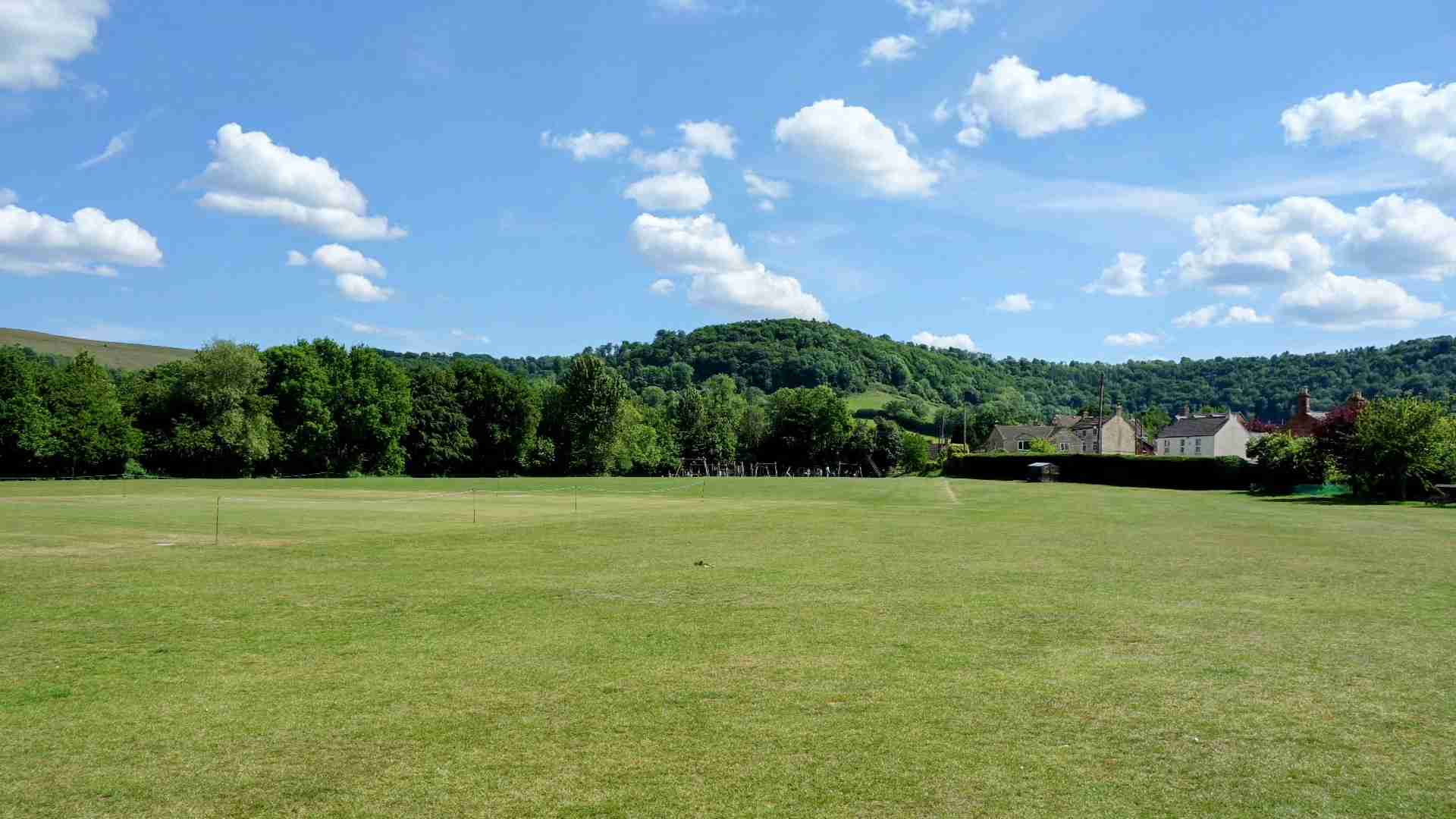 Marling Close playing fields in King’s Stanley with open grass used for cricket and football teams, bordered by trees and the village green.
