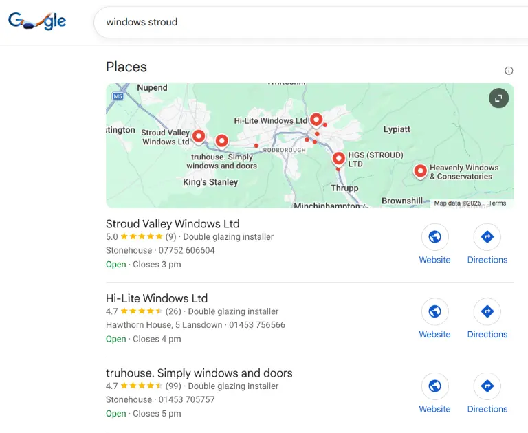 Google SERP (Map Pack) for Windows Stroud search #1 Ranking for Stroud Valley Windows